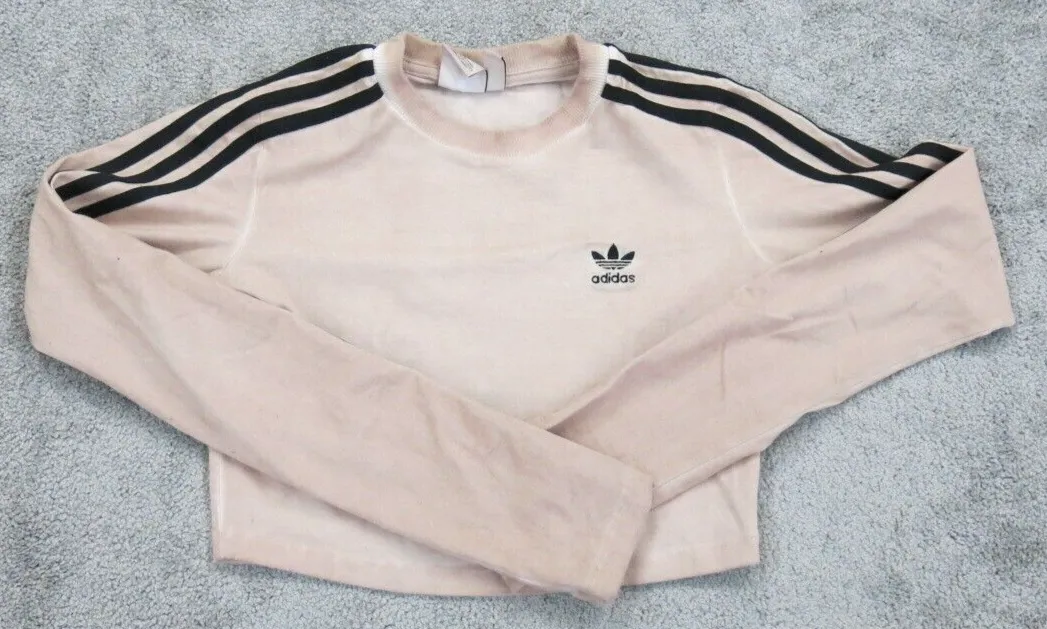 Adidas Womens Activewear Sweatshirts Cropped Long Sleeve 3 Striped Pink Size XS