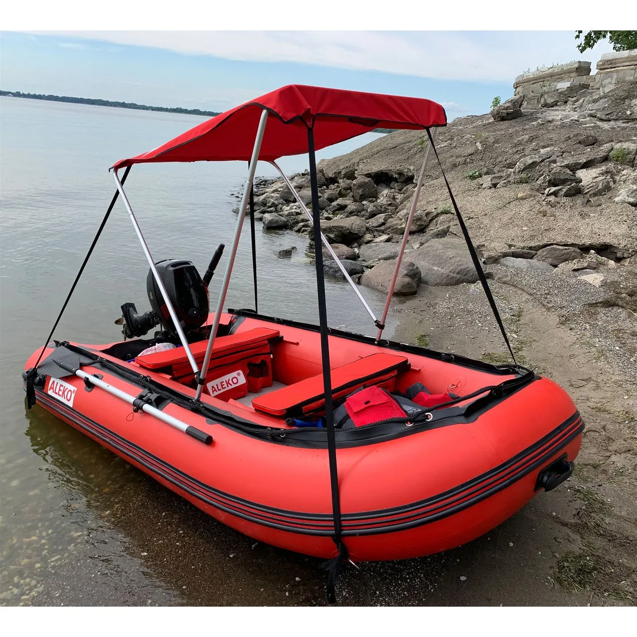 Aleko Boats Waterproof Inflatable Boat Seat Cushion with Under Seat Bag and Pockets - 33 x 8 inches - Red