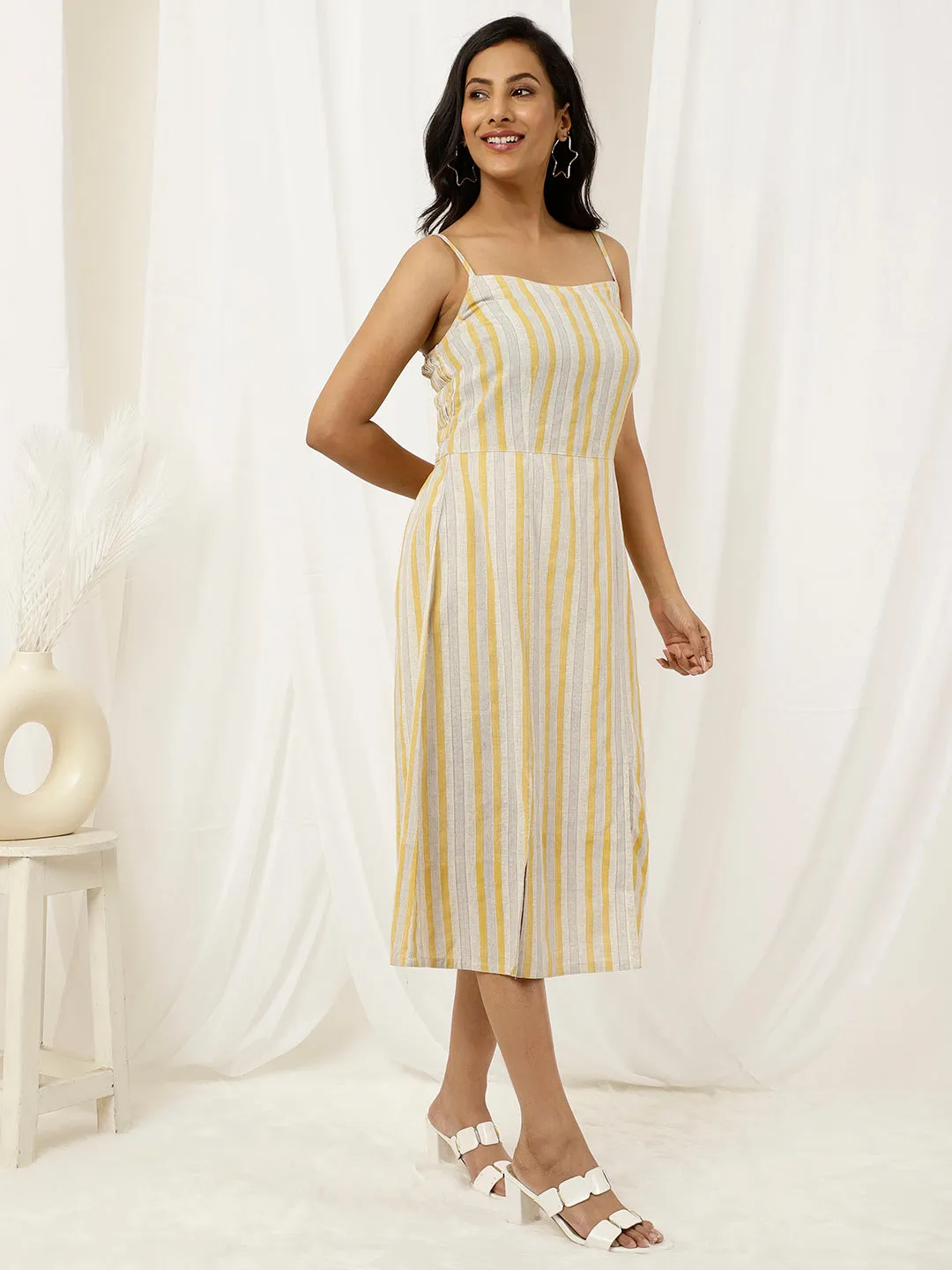 Beige And Yellow Striped Strappy Cotton Dress With Slits