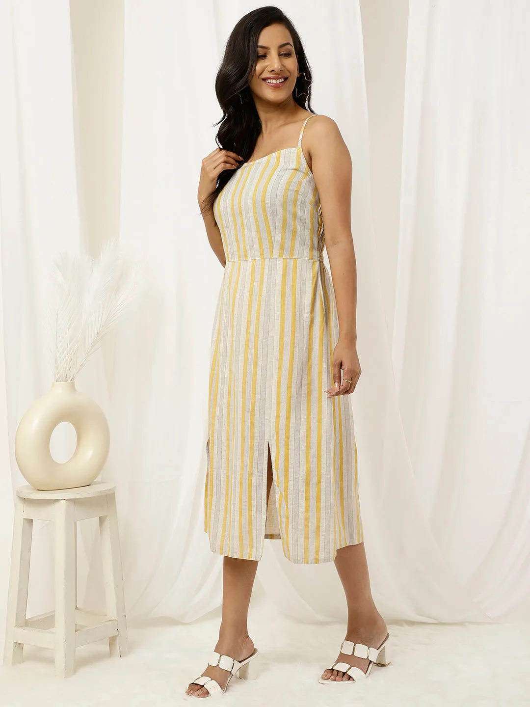 Beige And Yellow Striped Strappy Cotton Dress With Slits