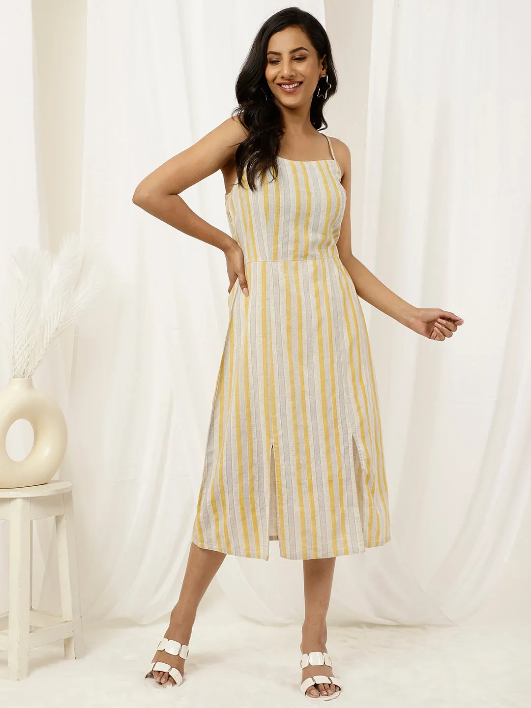 Beige And Yellow Striped Strappy Cotton Dress With Slits