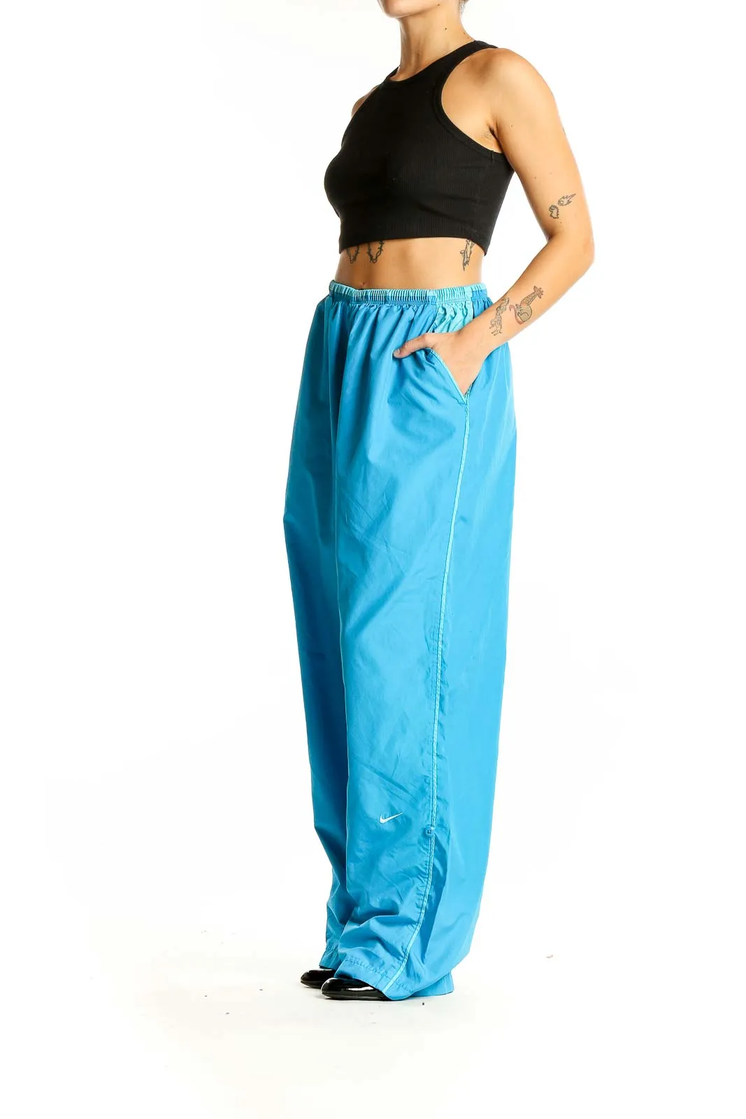 Blue Polyester Wide-Leg Track Pants