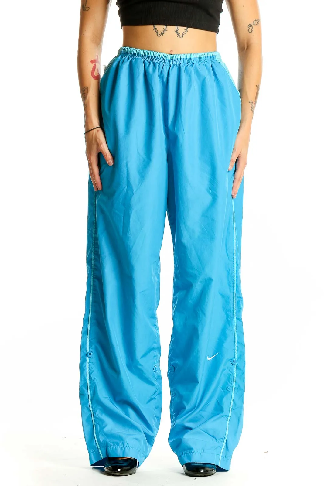 Blue Polyester Wide-Leg Track Pants