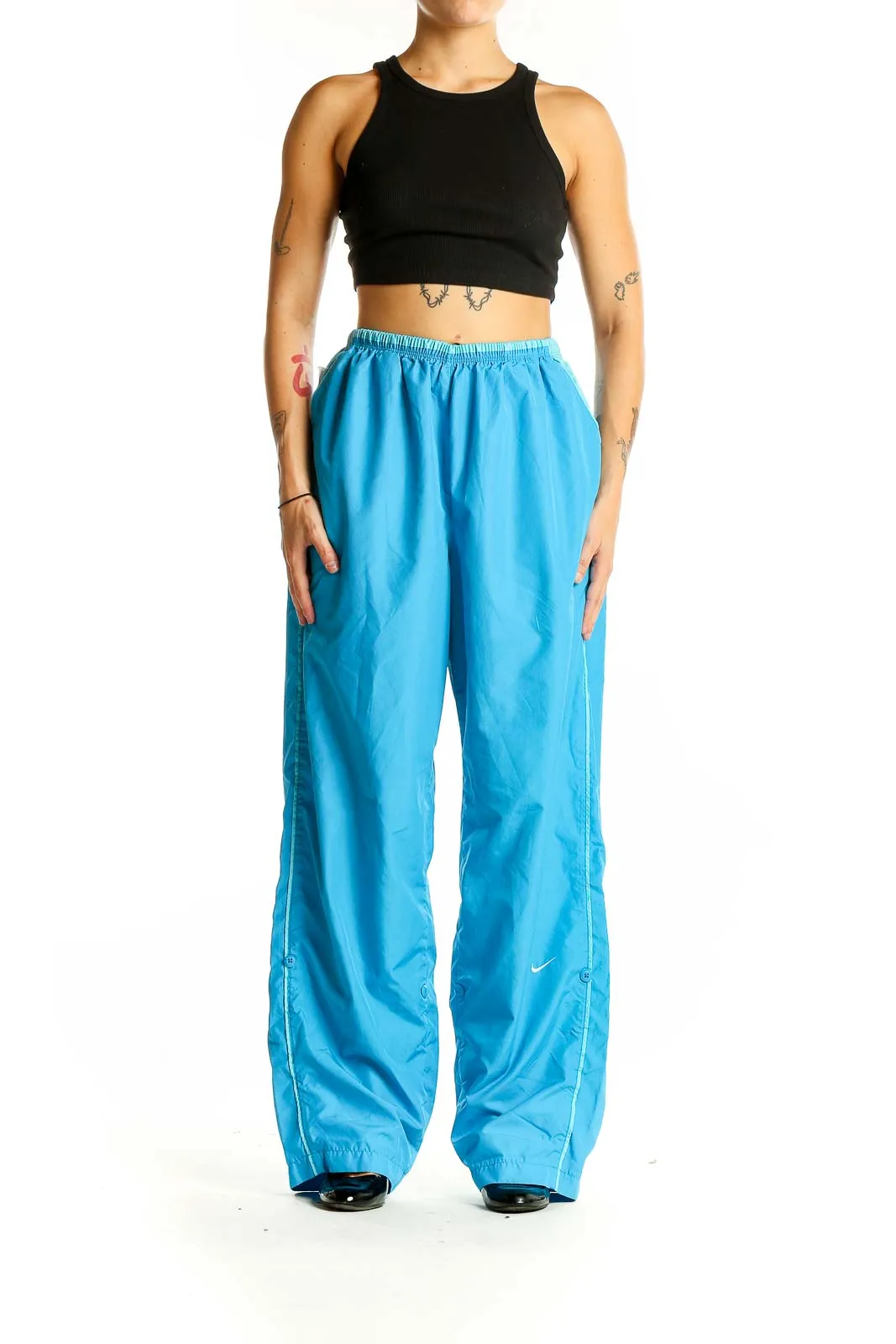 Blue Polyester Wide-Leg Track Pants