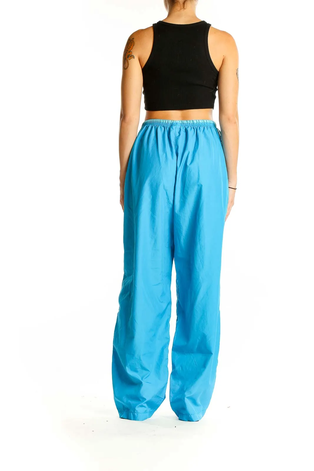 Blue Polyester Wide-Leg Track Pants