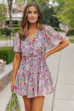 Purple Floral Print Surplice Mini Dress - FINAL SALE