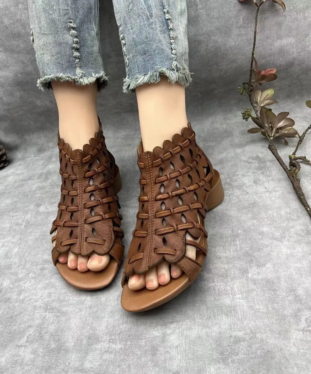 Retro Hollow Out Chunky Sandals Brown Cowhide Leather RT1004