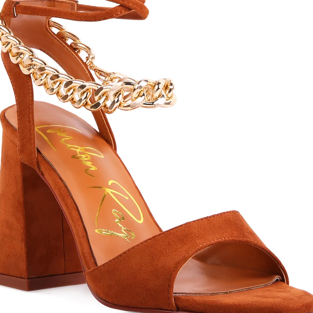 Tan Chain Detail Tie Up Block Heels