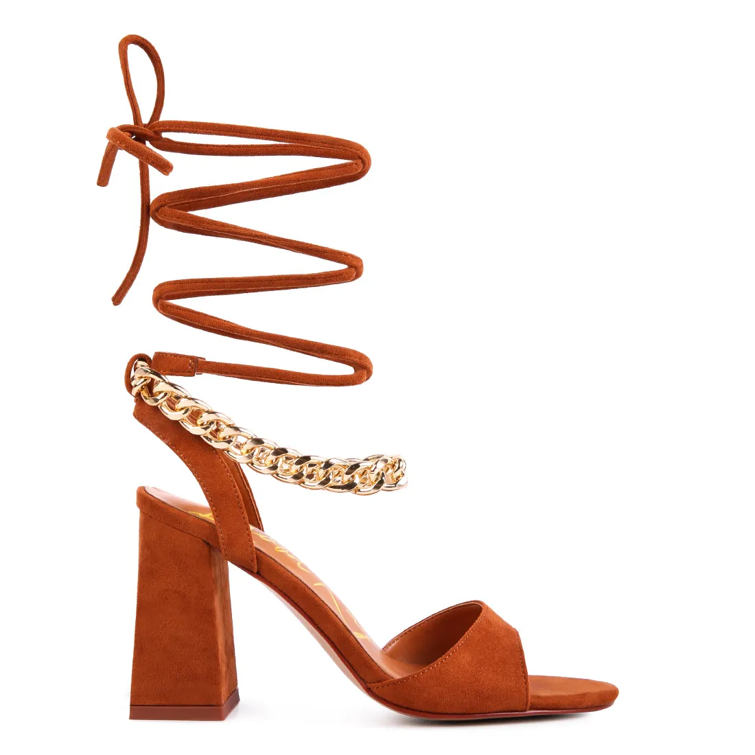 Tan Chain Detail Tie Up Block Heels