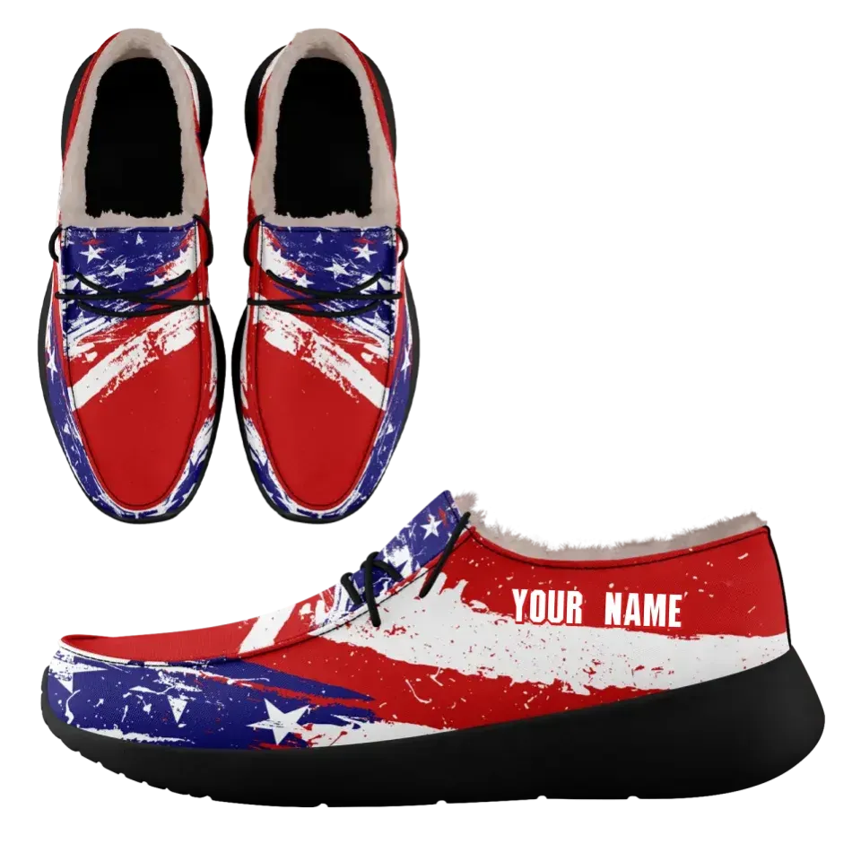 Unique Gift,Personalized USA Flag Sneakers, Custom Stars and Stripes Loafer Shoes, Fur Lining Shoe, Pride in Comfort,FN042-24020304-1b