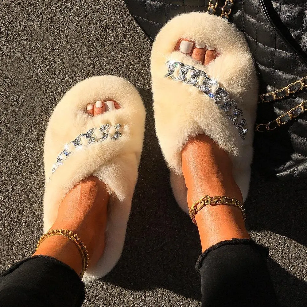 Women's Furry Cross Chain Slippers