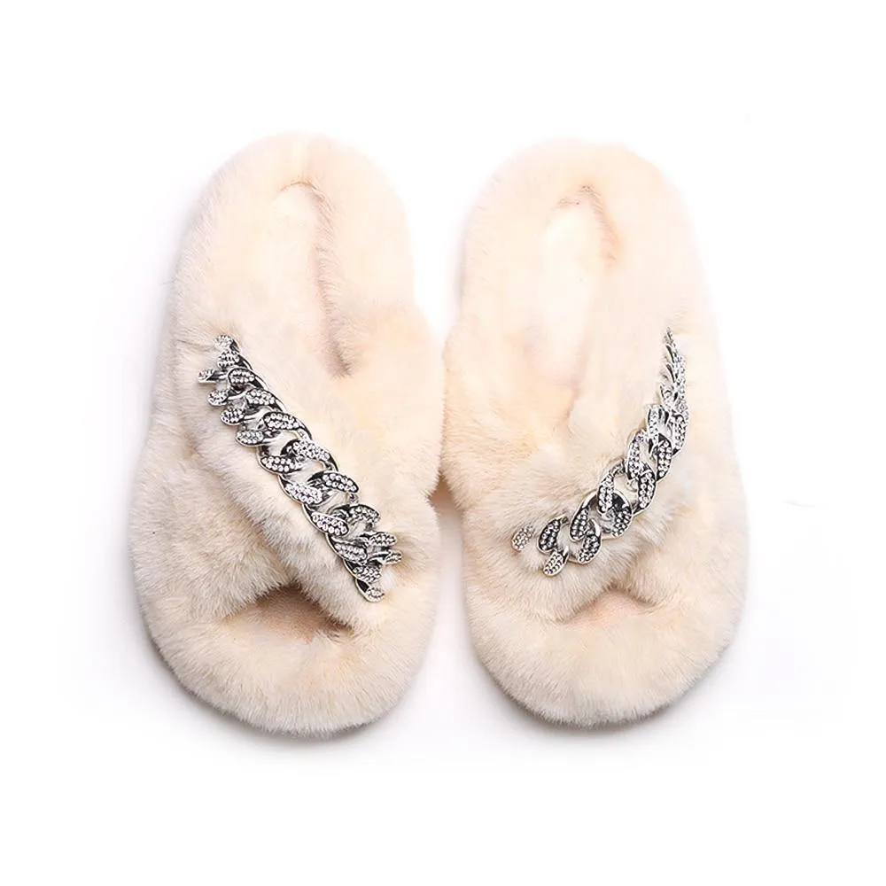 Women's Furry Cross Chain Slippers