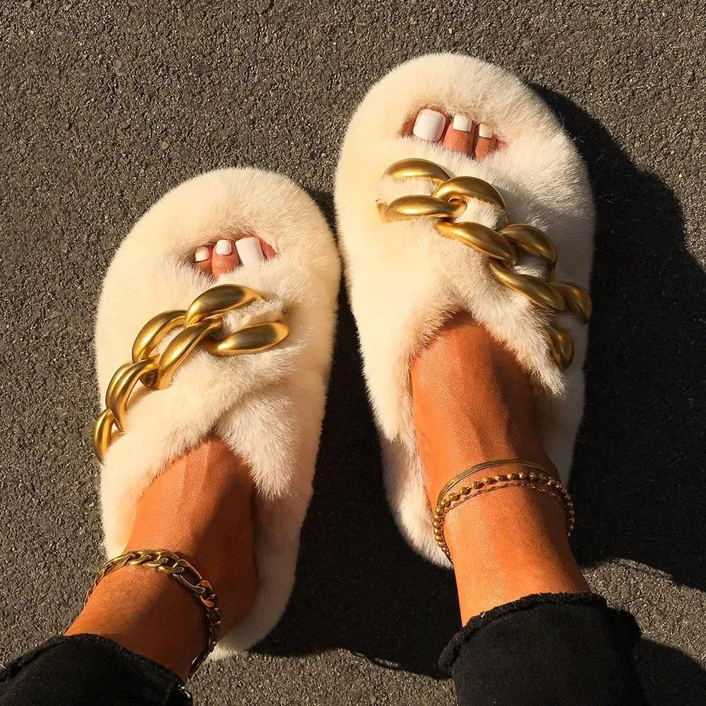 Women's Furry Cross Chain Slippers