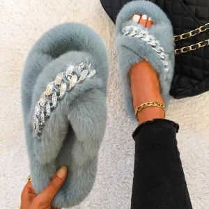 Women's Furry Cross Chain Slippers