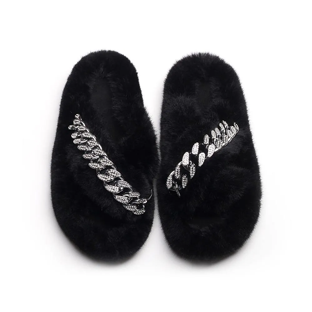 Women's Furry Cross Chain Slippers