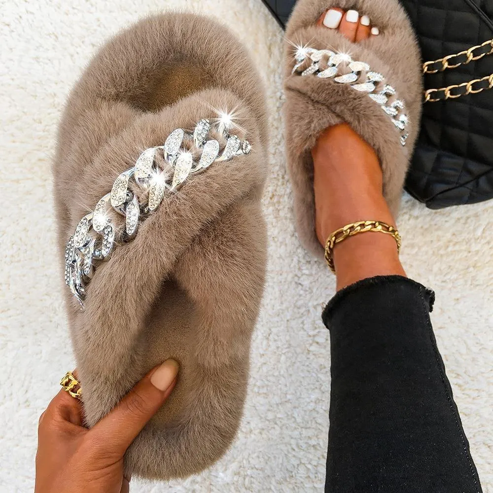 Women's Furry Cross Chain Slippers