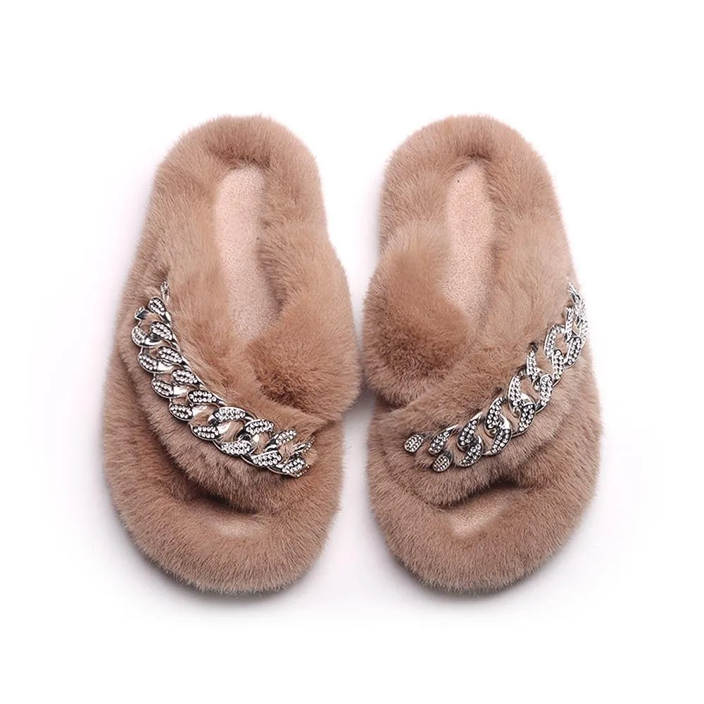 Women's Furry Cross Chain Slippers