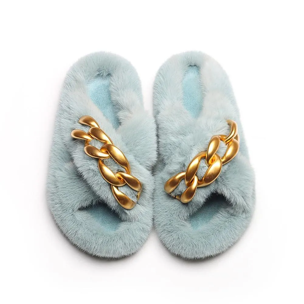 Women's Furry Cross Chain Slippers